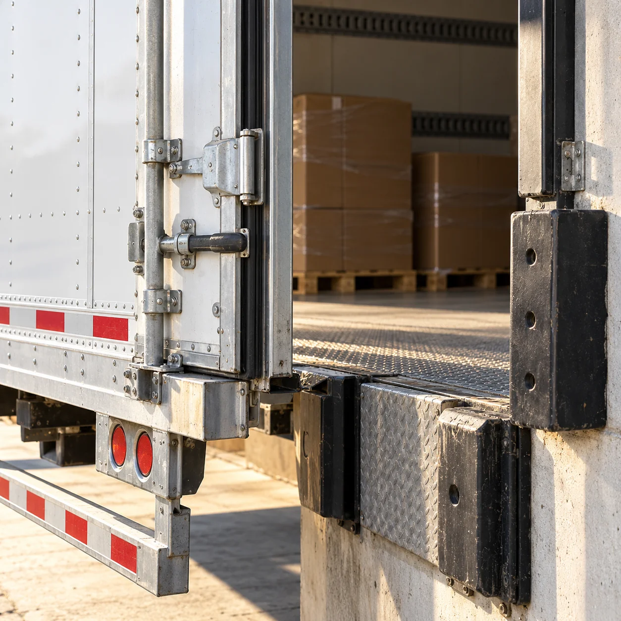 Illustrative trailer door hardware and loading dock threshold