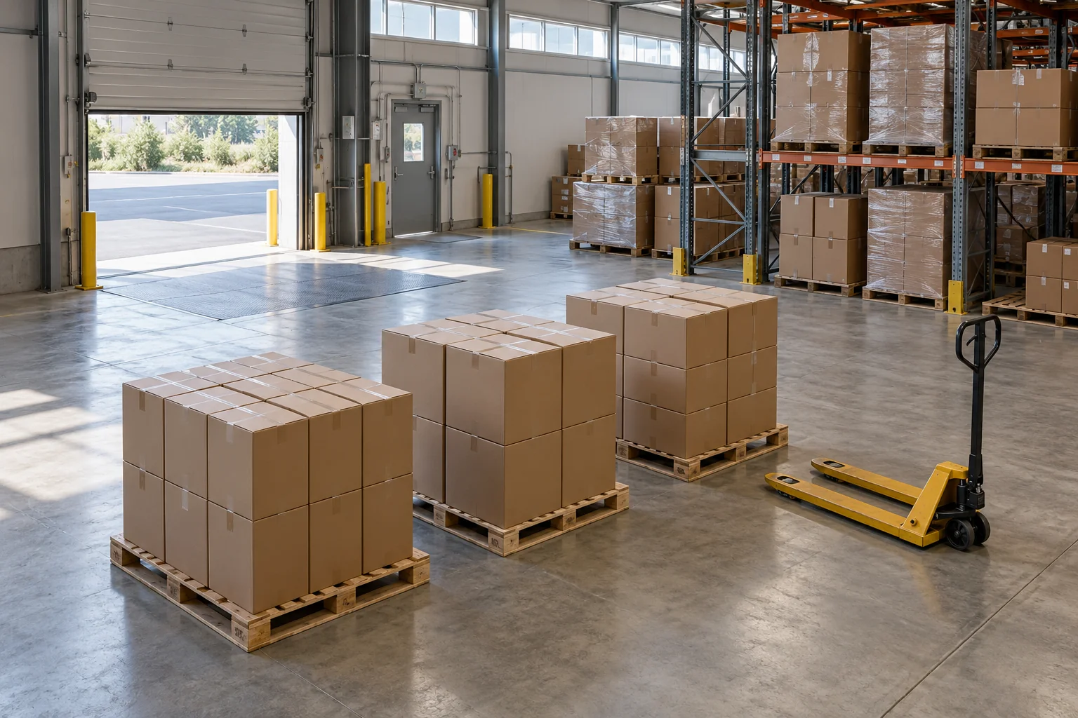 Illustrative receiving floor with palletized cartons and a pallet jack